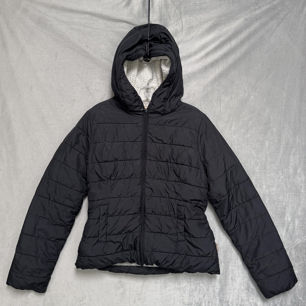 Hollister Jacket Womens Large Black Sherpa Lined Hooded Quilted Puffer Coat